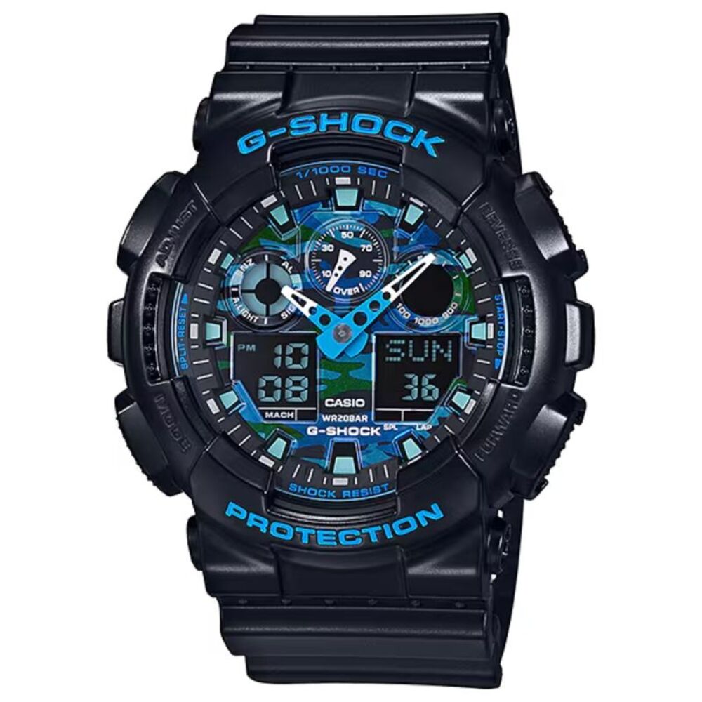 G-Shock Analog Digital Watch with Blue Camouflage Dial and Shock Resistant